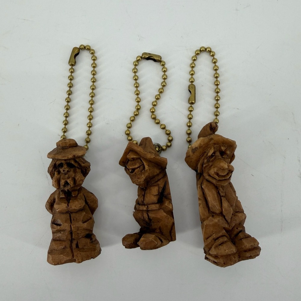 Vintage Style Faux Wood Carved Character Keychain Set of 3 Brown Folk Art Charm